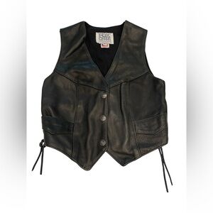 Fox Creek Black Leather women Vest with Harley Davidson embroidery on the back S